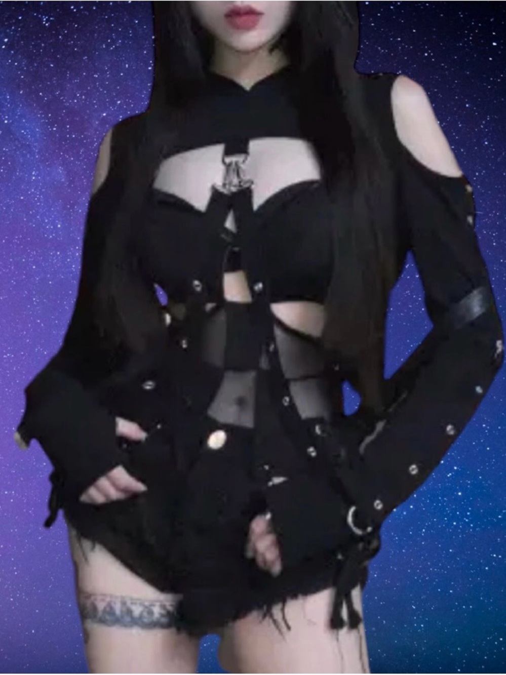 Black Cold-Shoulder Hooded Harness Top